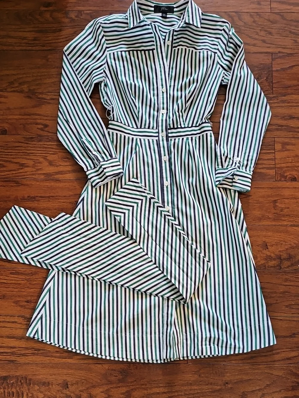 J Crew Tie Waist Shirt Dress Navy/ Green/ White Stripes Size 00 - Picture 9 of 11